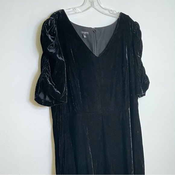 TALBOTS Black Velvet Ruched Sleeve Midi Fit & Flare Cocktail Dress LBD 16W - Picture 9 of 12